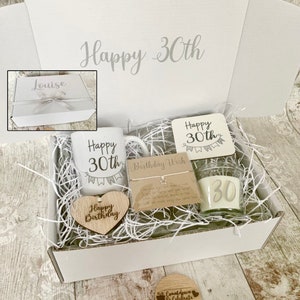 Personalised 30th birthday gift, any age, special age filled hamper, grey and white box, 21st 40th 50th 60th 70th 80th, happy, mug candle image 1