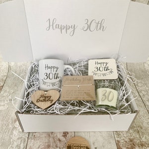 Personalised 30th birthday gift, any age, special age filled hamper, grey and white box, 21st 40th 50th 60th 70th 80th, happy, mug candle image 2