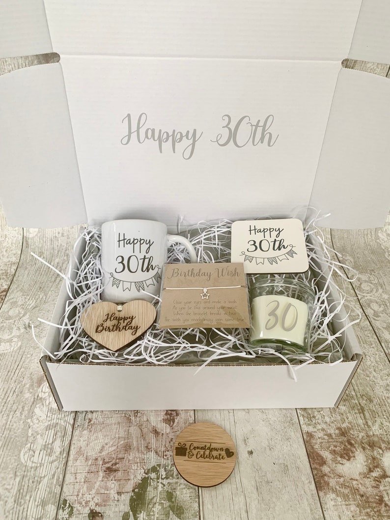 Personalised 30th birthday gift, any age, special age filled hamper, grey and white box, 21st 40th 50th 60th 70th 80th, happy, mug candle image 2
