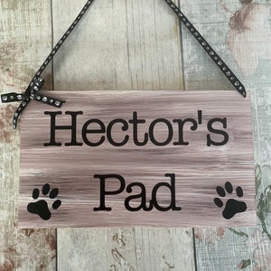 Rustic personalised pet sign, dog gift, wooden plaque, dog bed sign, cute dog den plaque, pet lovers, paw print design image 1