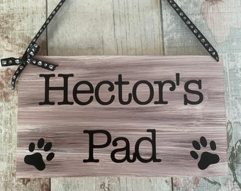 Rustic personalised pet sign, dog gift, wooden plaque, dog bed sign, cute dog den plaque, pet lovers, paw print design