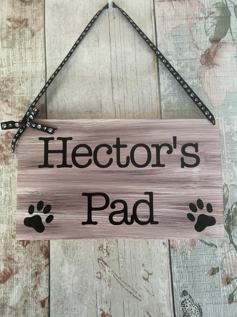 Rustic personalised pet sign, dog gift, wooden plaque, dog bed sign, cute dog den plaque, pet lovers, paw print design image 1