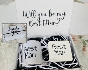 Personalised Best Man proposal, gift box, filled hamper, best man present, will you be my best man, black and white, mug coaster set wedding