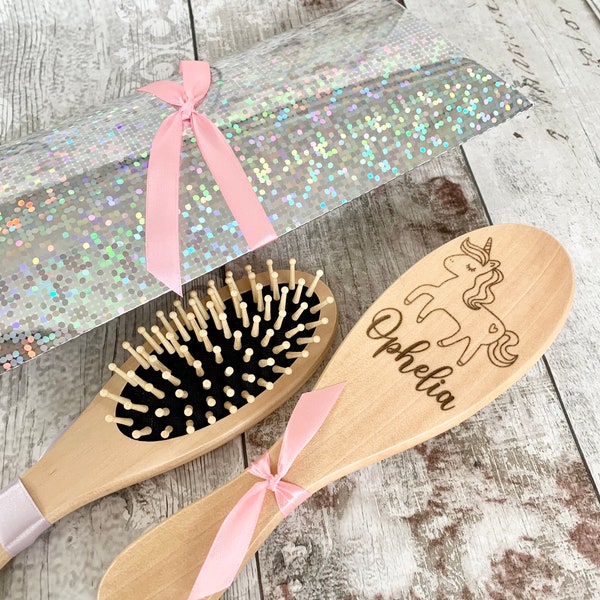 Engraved wooden hairbrush, various colours, personalised gift, girls present, flower girl, children’s birthday, cute unicorn pink