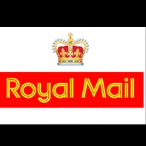 May include: A red banner with the words "Royal Mail" in yellow outlined letters. A gold crown with red jewels sits above the banner.