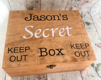 Personalised wooden secret box, storage space, rustic wood, fun novelty keep out, box with lid, kids storage
