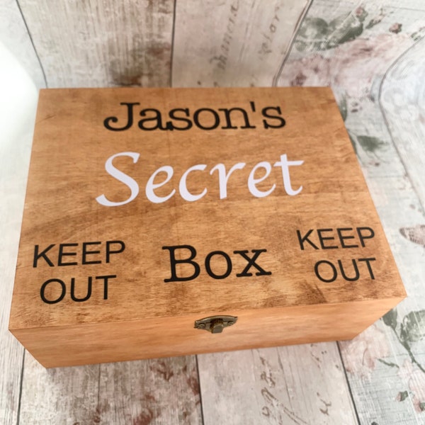 Personalised wooden secret box, storage space, rustic wood, fun novelty keep out, box with lid, kids storage