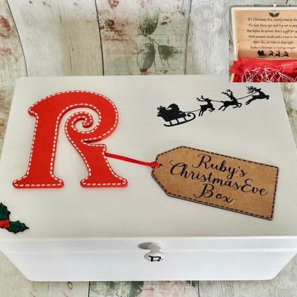 Personalised Wooden Christmas Eve Box, with Poem, white and red, with lid, child’s initial, Santa reindeers, Holly, festive, handle