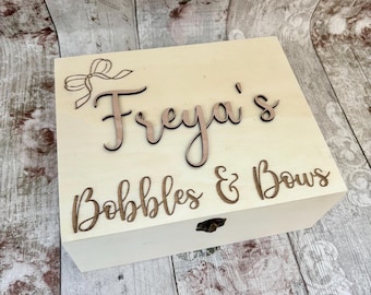 Personalised Wooden Hair Accessories Storage Box, Engraved Keepsake Box for Bobbles Bows