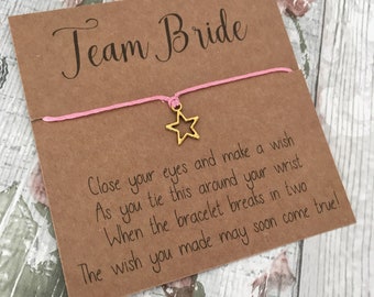 Team Bride Wish Bracelet, Bridesmaid gift, hen do present, gift bag filler, wedding morning, pink gold, star