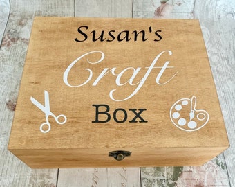 Personalised craft box, rustic wood, wooden storage, crafting container, arts and crafts basket, kids crafts, gift, present