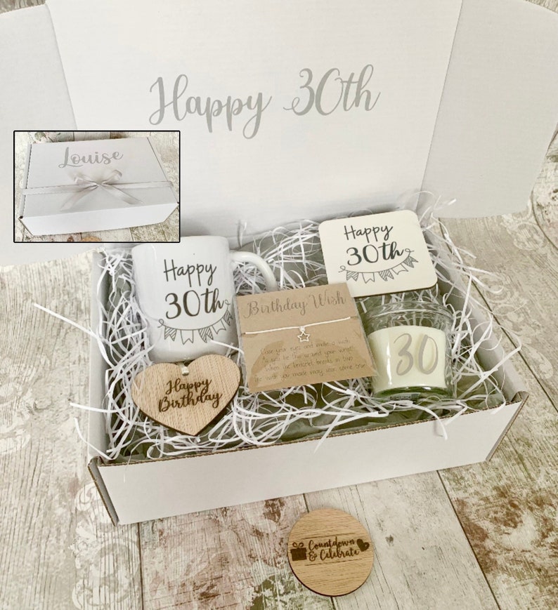 Personalised 30th birthday gift, any age, special age filled hamper, grey and white box, 21st 40th 50th 60th 70th 80th, happy, mug candle image 1