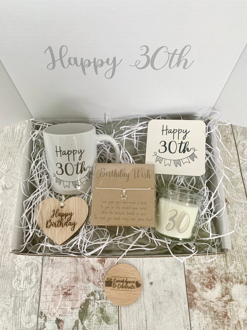 Personalised 30th birthday gift, any age, special age filled hamper, grey and white box, 21st 40th 50th 60th 70th 80th, happy, mug candle image 8