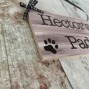 Rustic personalised pet sign, dog gift, wooden plaque, dog bed sign, cute dog den plaque, pet lovers, paw print design image 4