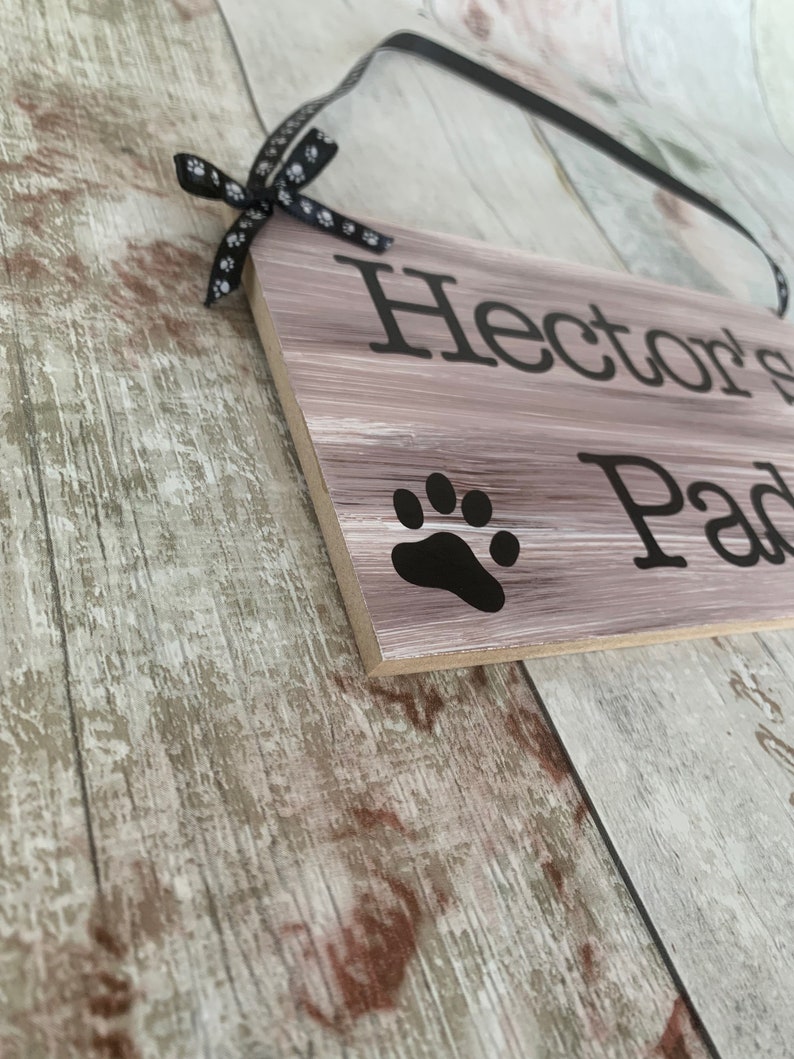 Rustic personalised pet sign, dog gift, wooden plaque, dog bed sign, cute dog den plaque, pet lovers, paw print design image 4