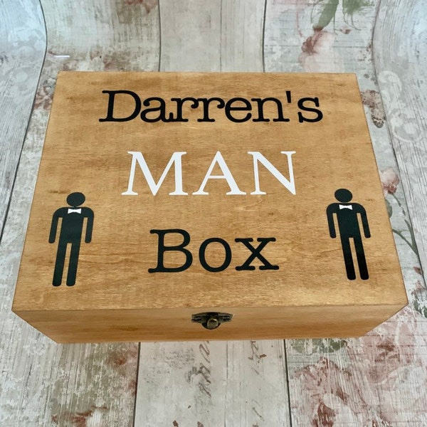 Personalised Rustic Wood Man Box, Wooden Storage Box with Lid, Gift for Him