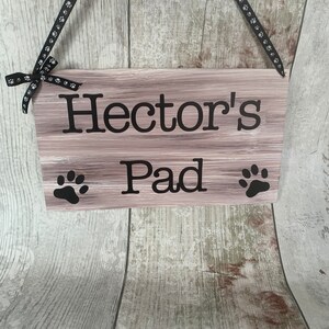 Rustic personalised pet sign, dog gift, wooden plaque, dog bed sign, cute dog den plaque, pet lovers, paw print design image 3