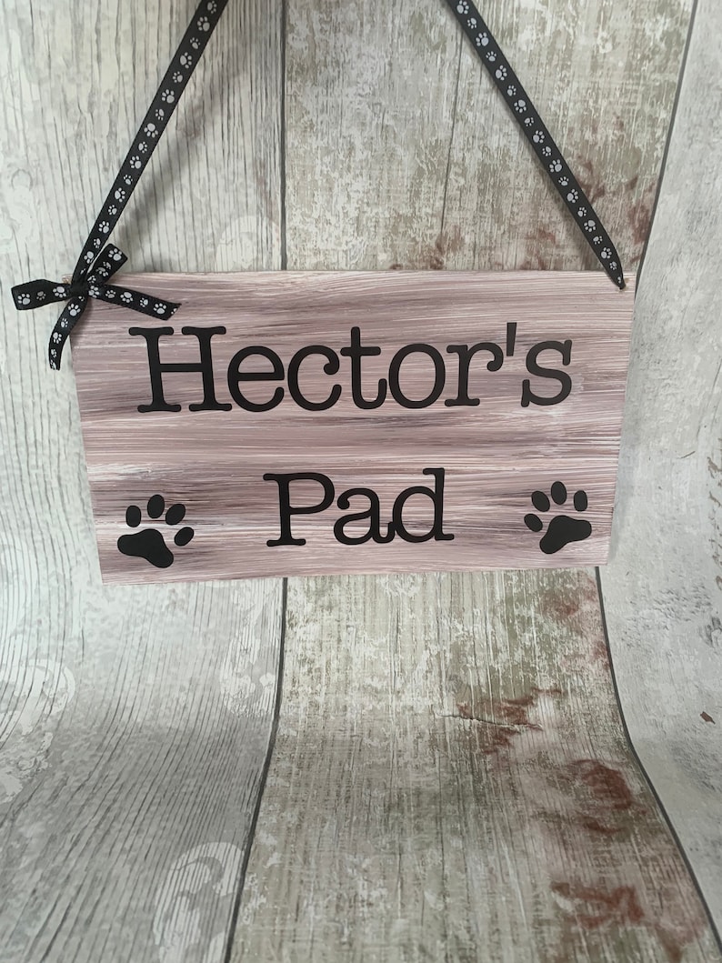 Rustic personalised pet sign, dog gift, wooden plaque, dog bed sign, cute dog den plaque, pet lovers, paw print design image 3