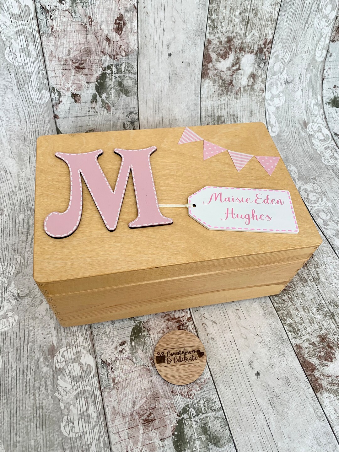 Personalised Baby Girl Keepsake Box, Pink Bunting Wooden Memory Box ...