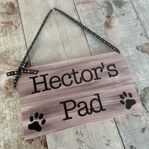 Rustic personalised pet sign, dog gift, wooden plaque, dog bed sign, cute dog den plaque, pet lovers, paw print design image 2