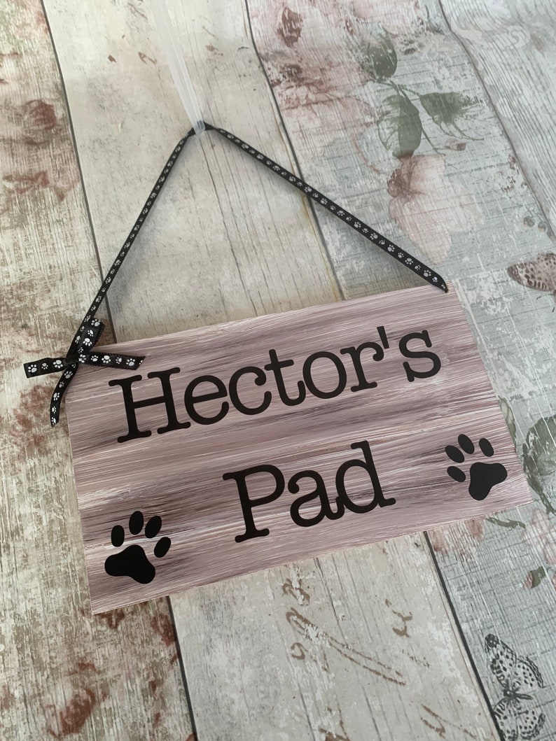 Rustic personalised pet sign, dog gift, wooden plaque, dog bed sign, cute dog den plaque, pet lovers, paw print design image 2