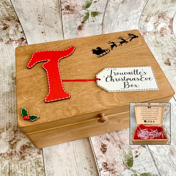 Caja de Nochebuena de madera personalizada con poema en el interior, inicial infantil, rústica roja.