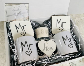 Mr and Mr hamper, personalised gift box, groom and groom present, wedding gift box, mug coaster set, cute grey and white heart design, love