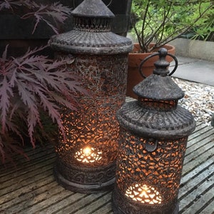 Set 2 Rustic Antique Style Metal Ornate Moroccan Lanterns