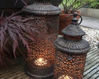 Set 2 Rustic Antique Style Metal Ornate Moroccan Lanterns