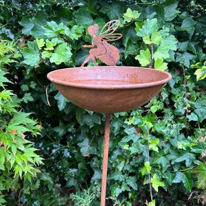 May include: A weathered metal bird bath featuring a fairy silhouette. The bowl is filled with water and sits atop a slender pole. The background is a dense arrangement of green leaves and foliage.