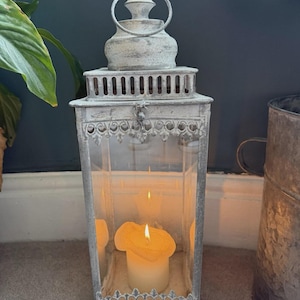 Ornate Curved Glass Grey Metal Victorian Style Candle Holder Lantern