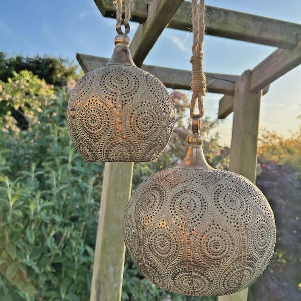 Set of 2 Hanging Garden Bells - Large Outdoor Indoor - Gold Verdigris Moroccan