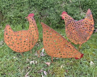 Set 3 Rusty Hen Metal Garden Stake Decoration | Chicken Grass Plant Bed Ornament