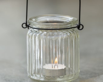 Set of 6 Hanging Glass Lanterns | Ribbed Jar Handle | Candle Holder | Garden Wedding Party