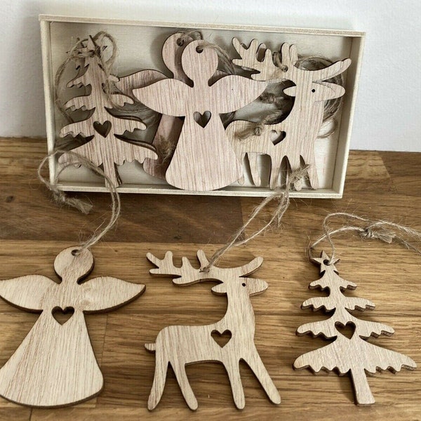 Set of 9 Rustic Wooden Christmas Tree Decorations