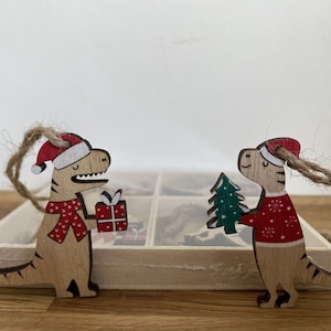 Set of 8 Christmas Dinosaur Decorations - Wooden Nordic Hanging Tree Xmas Santa