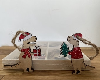Set of 8 Christmas Dinosaur Decorations - Wooden Nordic Hanging Tree Xmas Santa