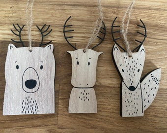 Set 3 Wood Nordic Winter Animal Decorations - Scandi Christmas Tree