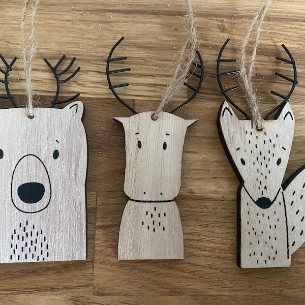 Set 3 Wood Nordic Winter Animal Decorations - Scandi Christmas Tree