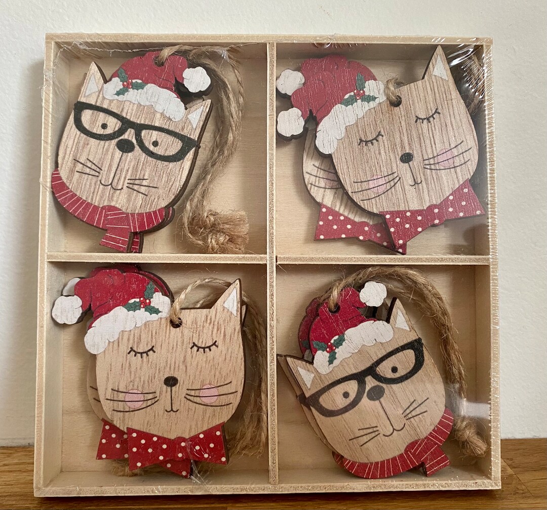 Set of 8 Christmas Cat Decorations Wooden Nordic Hanging Tree Xmas