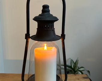 Black Metal & Glass Hurricane Candle Lantern - Industrial Rustic