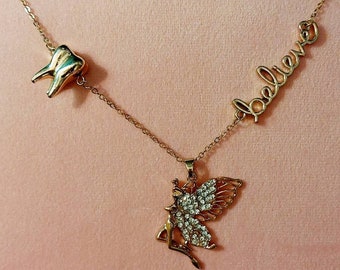 Tooth Fairy gold tooth believe in fairies diamante pendant chain