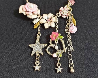 Charm pendant flower star heart pink cream gold metal chain necklace bridesmaid prom Jewellery gift