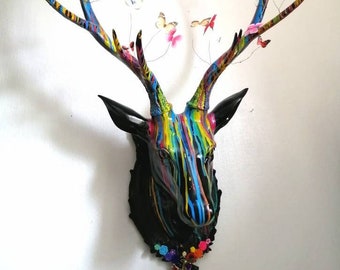 Massive Stag Head Wall Mount Faux Taxidermy Rainbow Sculpture