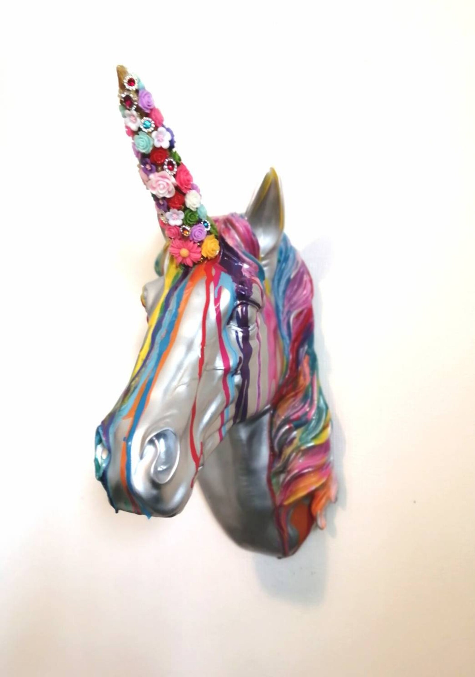 Unicorn Head Wall Mount Art Rainbow Metallic Hand Painted Etsy UK