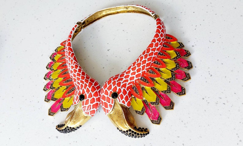 Parrot Flamingo Swan Bird statement necklace collar bib hand enamel with crystal rhinestones peacock, stalk, magpie, love bird, custom image 2