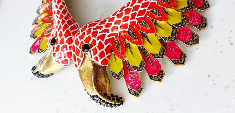 Parrot Flamingo Swan Bird statement necklace collar bib hand enamel with crystal rhinestones peacock, stalk, magpie, love bird, custom image 3