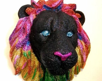 Metallic Glitter Lion Head ~Wall Mount Faux Taxidermy ~Resin Hand Painted Custom ~Fantasy Whimsical Circus funfair ~  bedroom gift