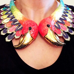 Parrot Flamingo Swan Bird statement necklace collar bib hand enamel with crystal rhinestones peacock, stalk, magpie, love bird, custom image 7