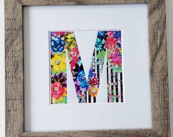 Alphabet Initial Art Print ~ customised names letter word ~ wedding birthday gift ~ monochrome rainbow colourful ~ jewellery brooch collage